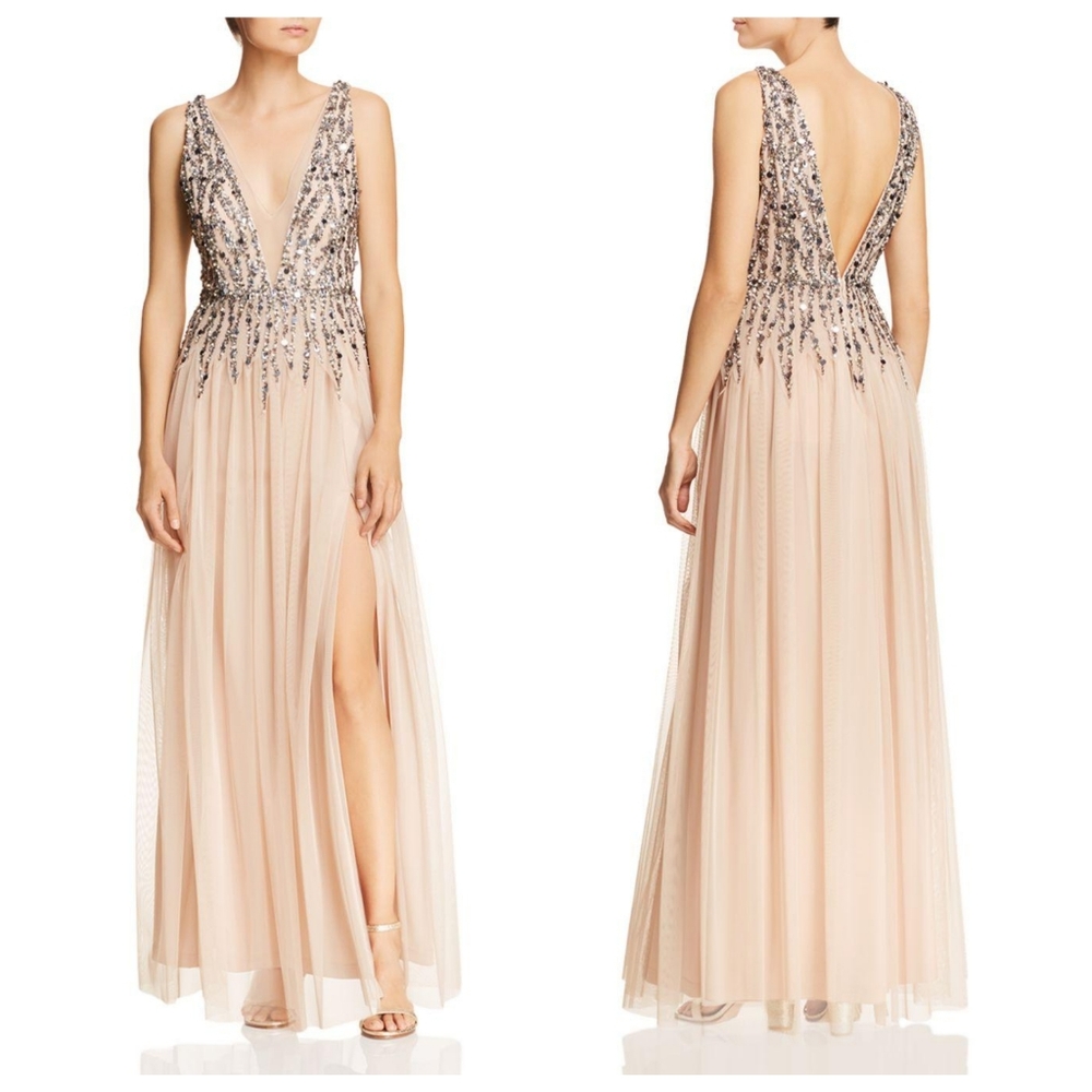 NEW AIDAN MATTOX Nude Plunging Neckline Embellished Beaded Sequin Mesh Maxi Gown